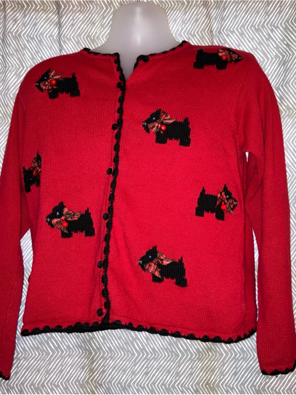 Marisa Cristina Vintage Red Scottish Terrier Dog Appliques Cardigan Fleece M